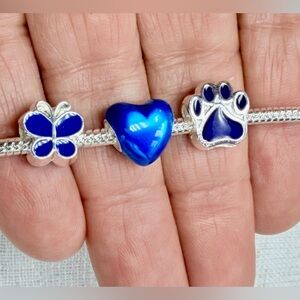 Sterling silver snake chain bracelet,blue dog pow print, butterfly,heart charm